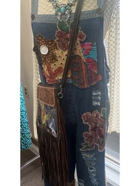 Denim Patchwork Floral Overalls Jumpsuit - Blue